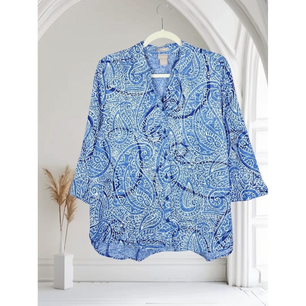Chicos 100% Linen No Iron Paisley Print 3/4 Sleeve Blouse Size Large